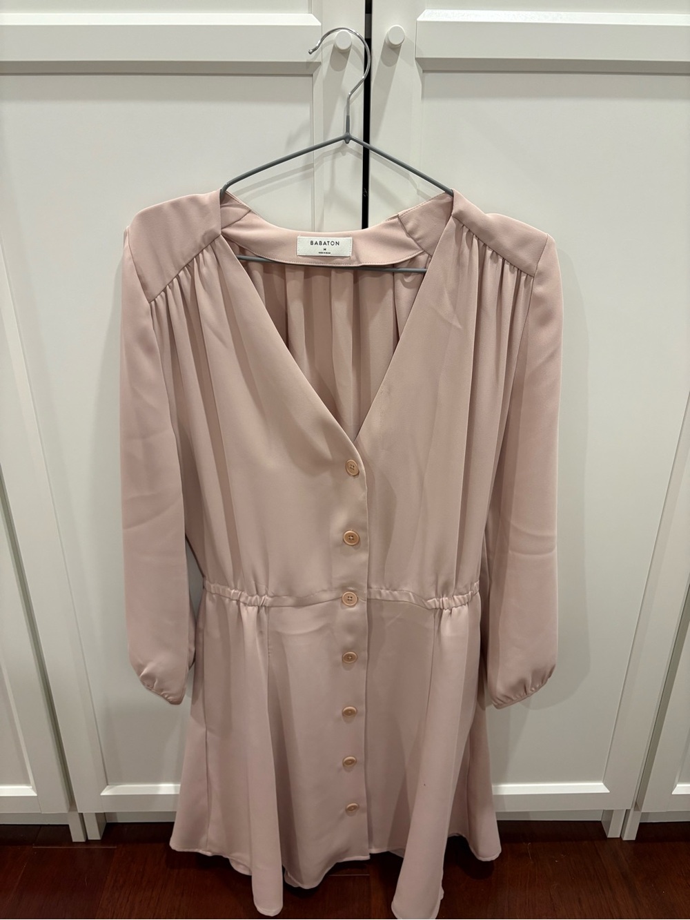 Babaton Blush Pink Long Sleeve Button-Front V-Neck Dress